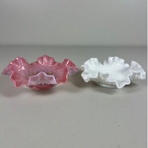 Fenton Hobnail Glass Bowls Set Pink Opalescent and White Milk Glass Ruffled Edge